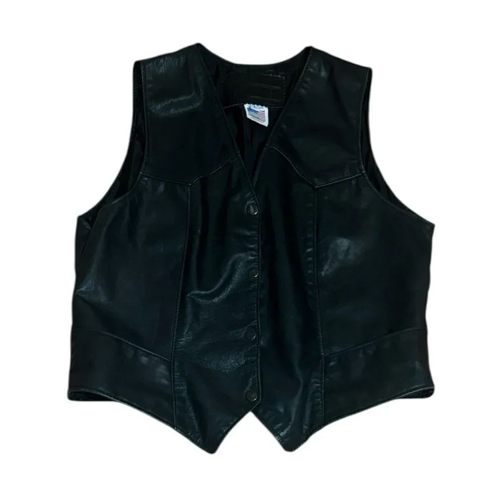 Branded Women’s Black Leather Vest, Biker, Large